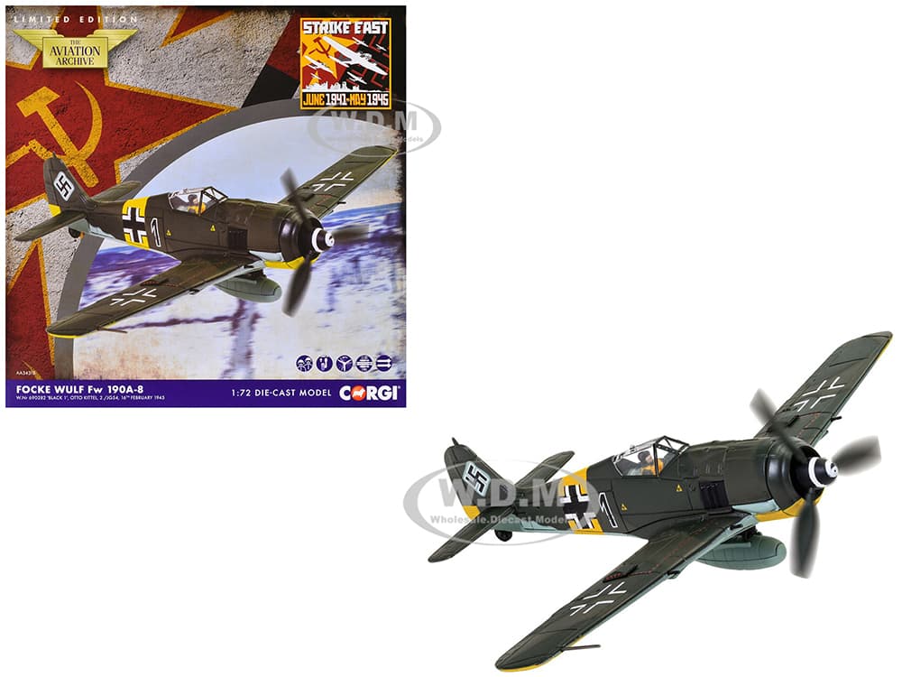 Focke-Wulf Fw 190A-8 Fighter Aircraft "Black 1 Oberleutnant Otto Kittel 2./JG54" (1945) German Luftwaffe "The Aviation Archive" Series 1/72 Diecast M