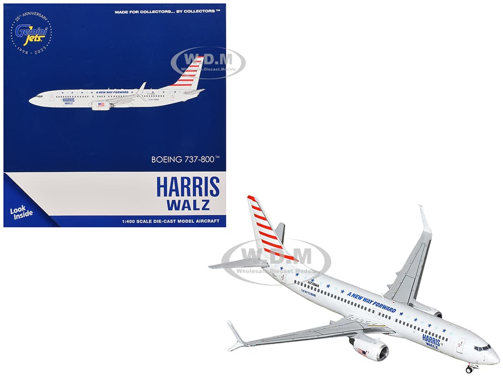 Boeing 737-800 Commercial Aircraft "Harris-Walz Campaign" (N778MA) White with Striped Tail 1/400 Diecast Model Airplane by GeminiJets