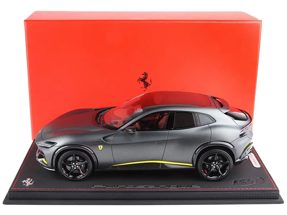 Ferrari Purosangue Matt Silverstone Gray Metallic with Yellow Stripes and Panoramic Roof with DISPLAY CASE Limited Edition to 20 pieces Worldwide 1/1