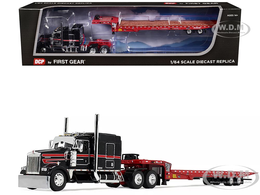 Kenworth W900L with 72" AeroCab Sleeper and Landoll 440B50CA Traveling Axle Trailer Black and Red 1/64 Diecast Model by DCP/First Gear