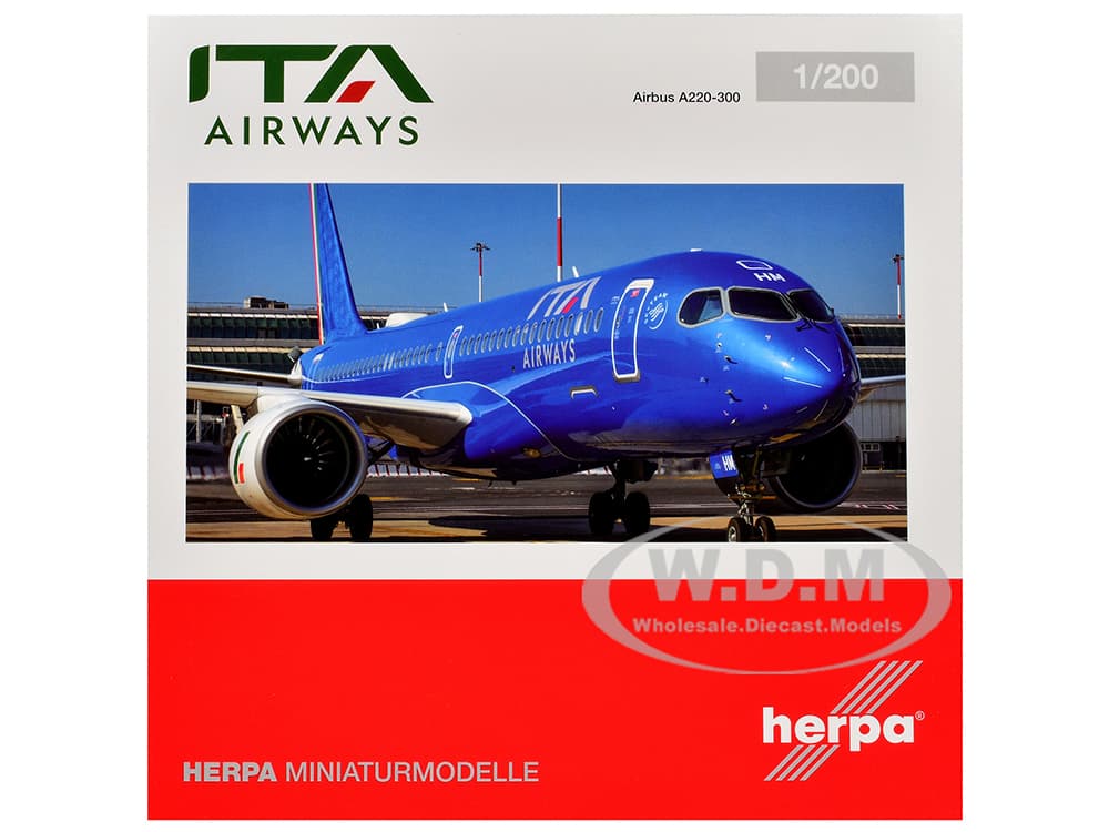 Airbus A220-300 Commercial Aircraft "ITA Airways" (EI-HHM) Blue with Tail Stripes 1/200 Diecast Model Airplane by Herpa