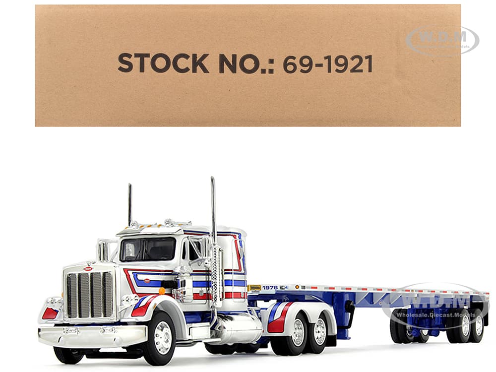 Peterbilt 359 with 36" Flat Top Sleeper and 48 Utility Flatbed Trailer White with Blue and Red Stripes "Bicentennial Patriot" 1/64 Diecast Model by D