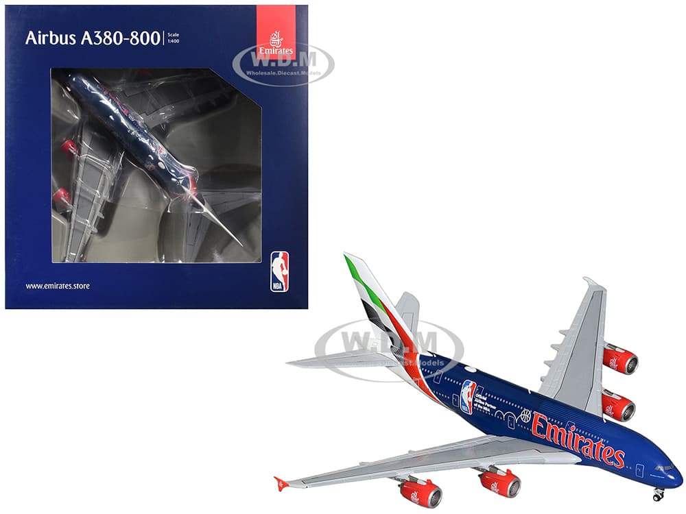 Airbus A380-800 Commercial Aircraft "Emirates Airlines - Official NBA Partner" (A6-EOD) Dark Blue with Striped Tail 1/400 Diecast Model Airplane by G