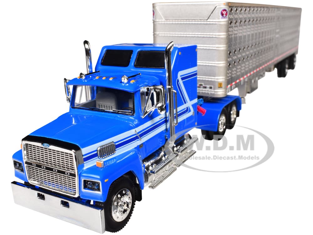 Ford LTL 9000 60" Aerodyne Sleeper with Wilson PSAL Stockmaster Livestock Trailer Blue with Stripes 1/64 Diecast Model by DCP/First Gear