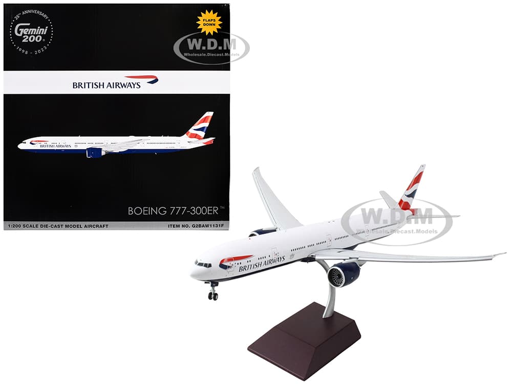 Boeing 777-300ER Commercial Aircraft with Flaps Down "British Airways" (G-STBH) White with Striped Tail "Gemini 200" Series 1/200 Diecast Model Airpl