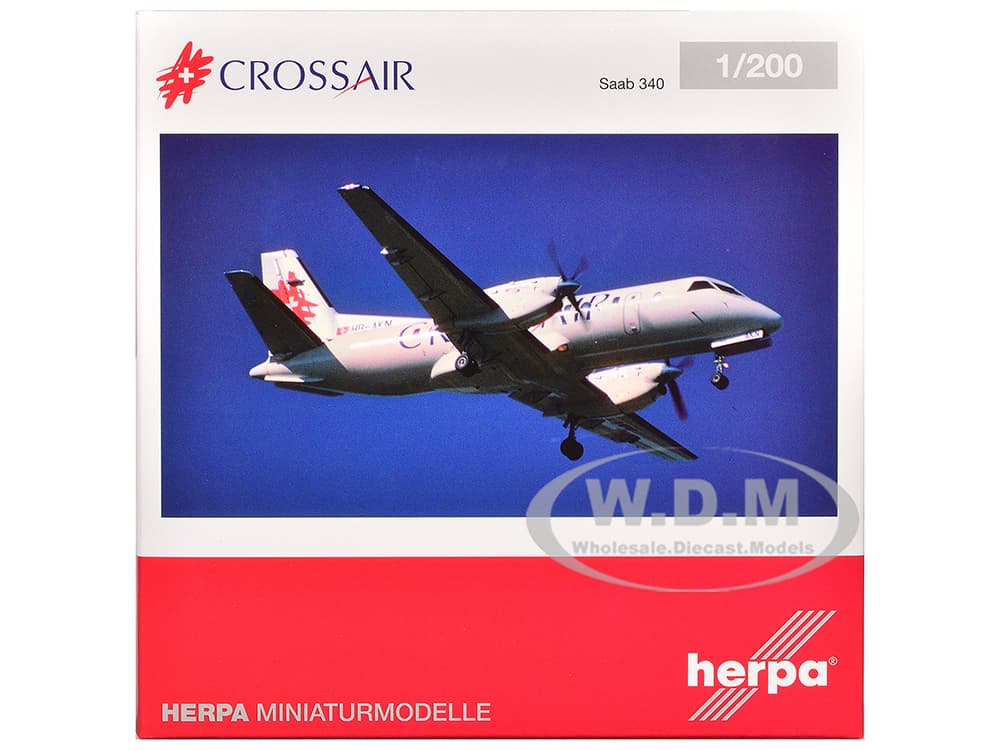 Saab 340 Commercial Aircraft "Crossair" (HB-AKN) White with Tail Graphics 1/200 Diecast Model Airplane by Herpa