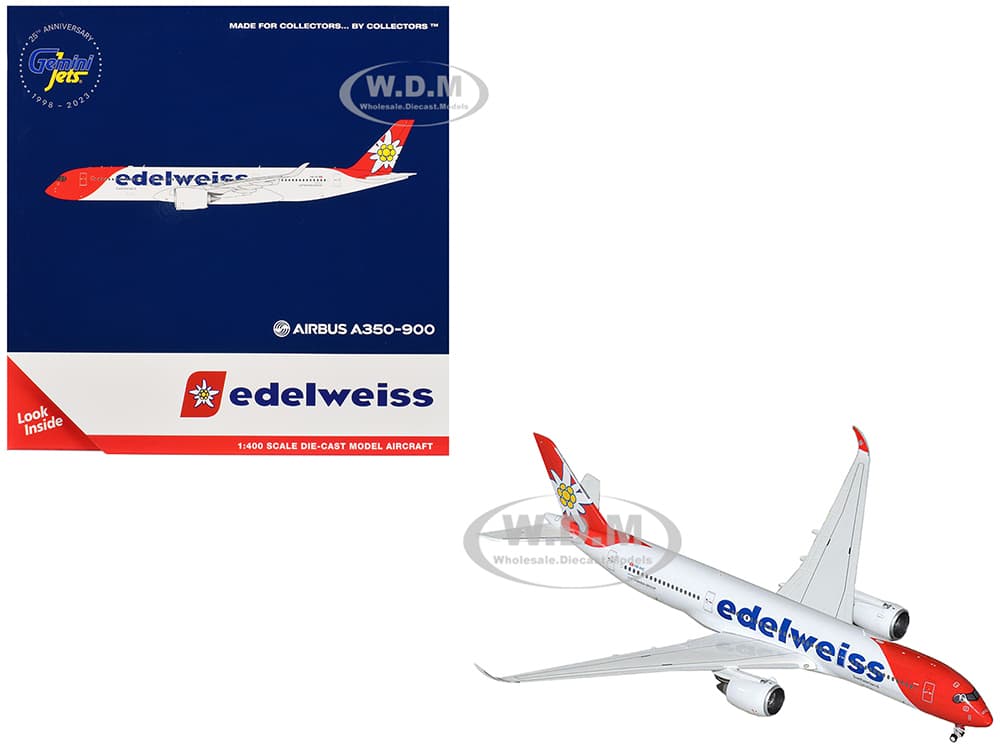 Airbus A350-900 Commercial Aircraft "Edelweiss Air" (HB-IHC) White with Red Tail 1/400 Diecast Model Airplane by GeminiJets