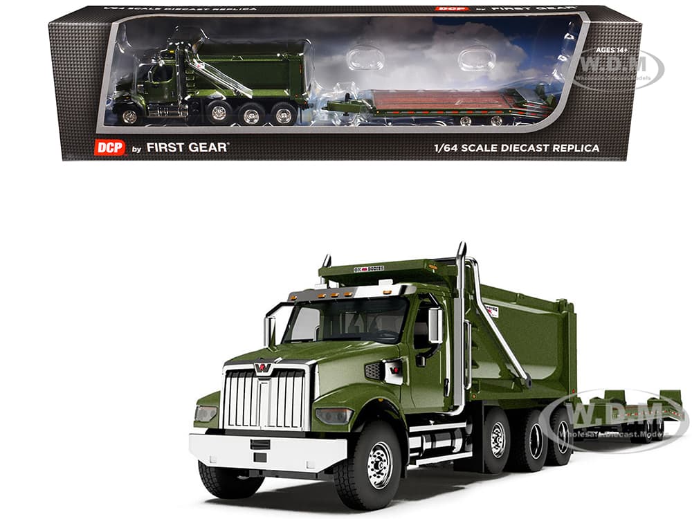 Western Star 49X Truck with Ox Bodies Dump &amp; Beaver Tail Trailer Green Metallic 1/64 Diecast Model by DCP/First Gear