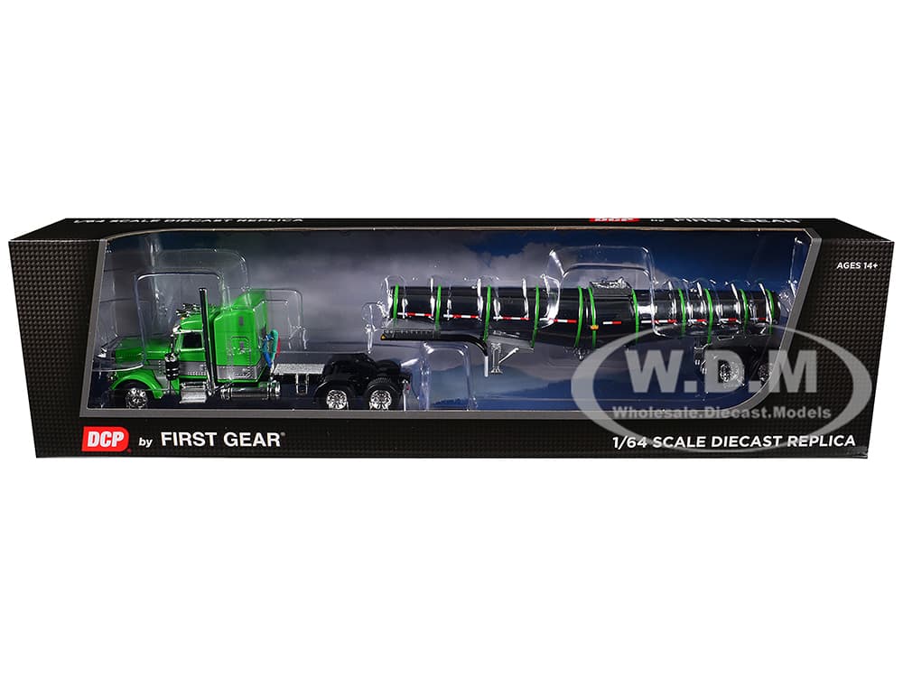 Peterbilt 389 with 48" Mid-Roof Sleeper and Polar Deep Drop Trailer Green and Silver 1/64 Diecast Model by DCP/First Gear