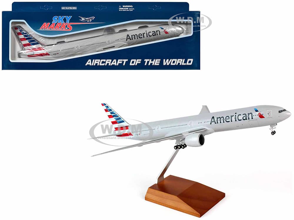Boeing 777-300ER Commercial Aircraft with Landing Gear "American Airlines" Gray with Striped Tail (Snap-Fit) 1/200 Plastic Model by Skymarks
