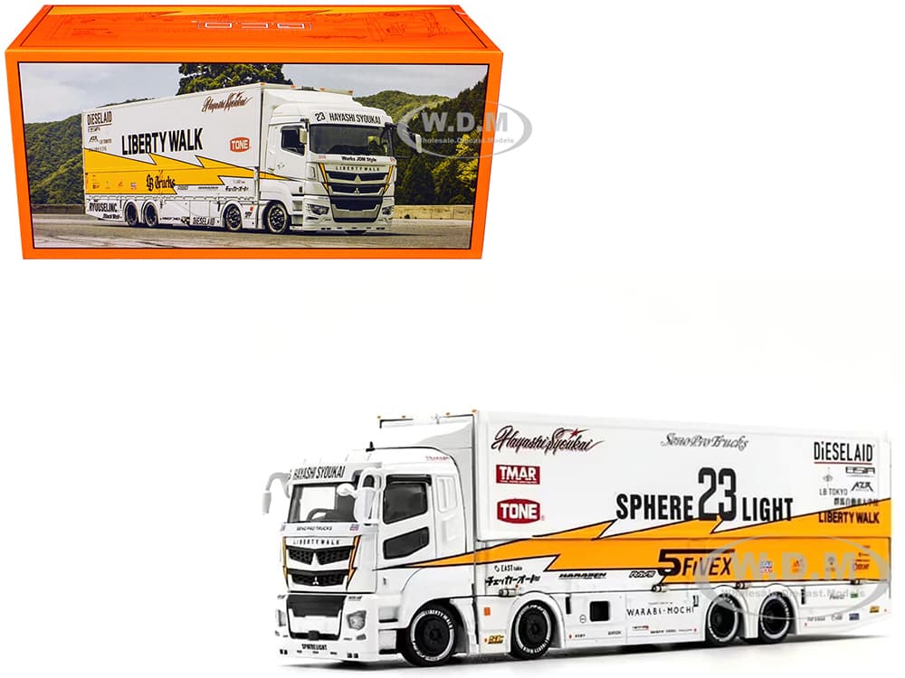Mitsubishi Fuso Super Great Transporter RHD (Right Hand Drive) 23 "Liberty Walk LB-Trucks" White with Yellow Stripes and Graphics 1/64 Diecast Model