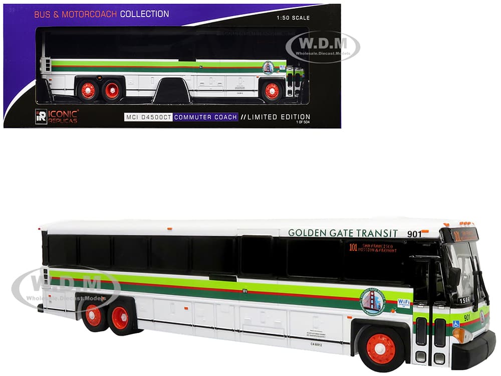 MCI D4500CT Commuter Coach Bus "Golden Gate Transit San Francisco" White with Green Stripes "The Bus &amp; Motorcoach Collection" Limited Edition to