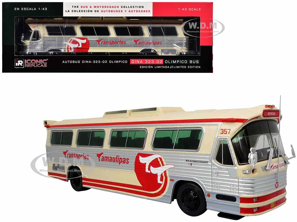 Dina 323 G2 Olimpico Coach Bus "Transportes Tamaulipas Reynosa" Cream and Silver with Red Stripes "The Bus &amp; Motorcoach Collection" 1/43 Diecast