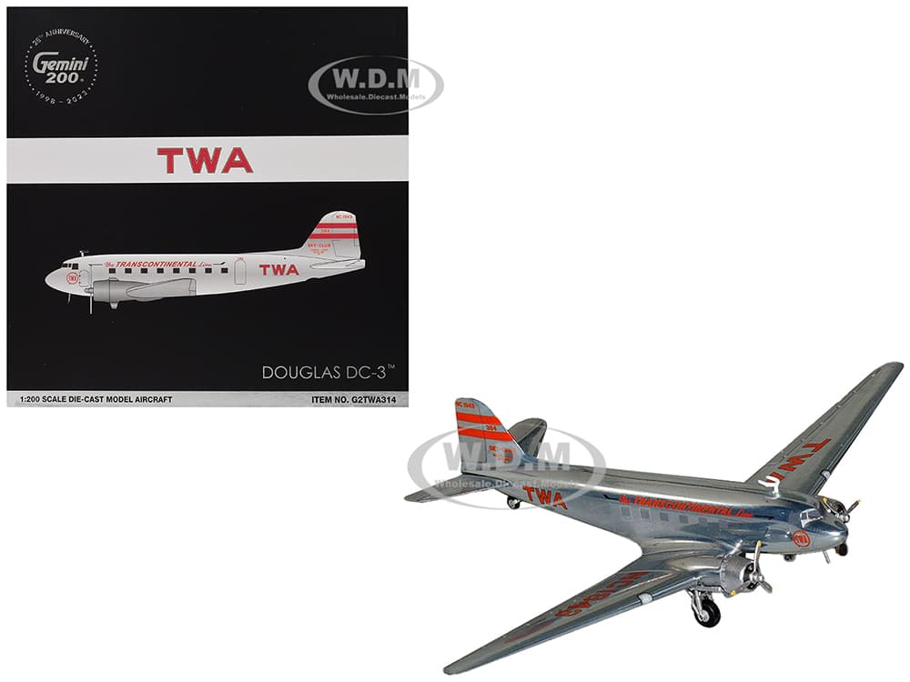 Douglas DC-3 Commercial Aircraft "TWA (Trans World Airlines)" (NC1943) Polished Metal Finish with Red Tail Stripes "Gemini 200" Series 1/200 Diecast
