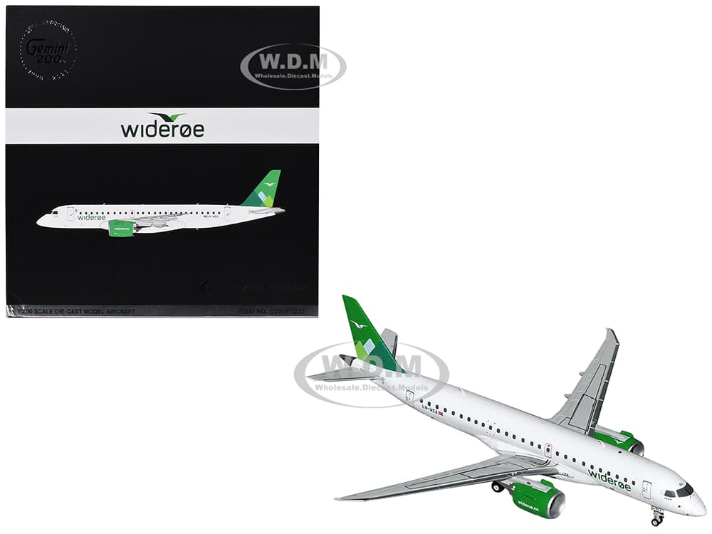 Embraer E190-E2 Commercial Aircraft "Wideroe" (LN-WEA) White with Green Tail "Gemini 200" Series 1/200 Diecast Model Airplane by GeminiJets