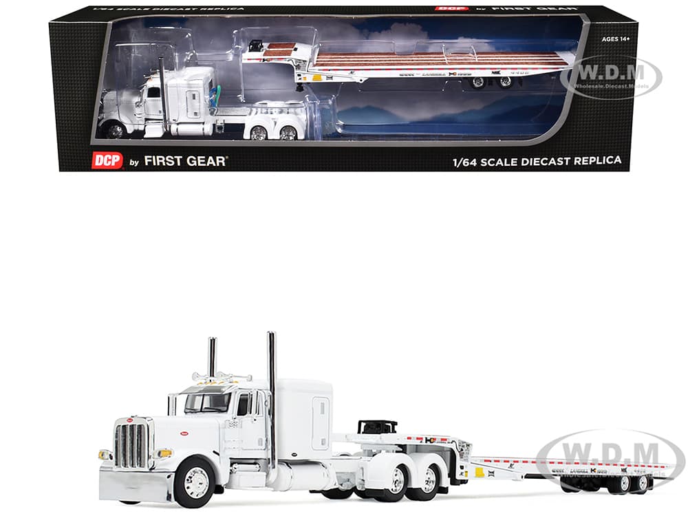 Peterbilt 389 with 63" Flat Top Sleeper and Landoll 440B50CA Traveling Axle Trailer White 1/64 Diecast Model by DCP/First Gear