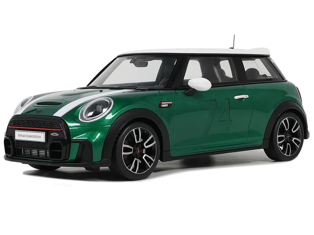 2023 Mini Cooper F56 JCW 74 British Racing Green with White Top and Stripes 1/18 Model Car by Otto Mobile