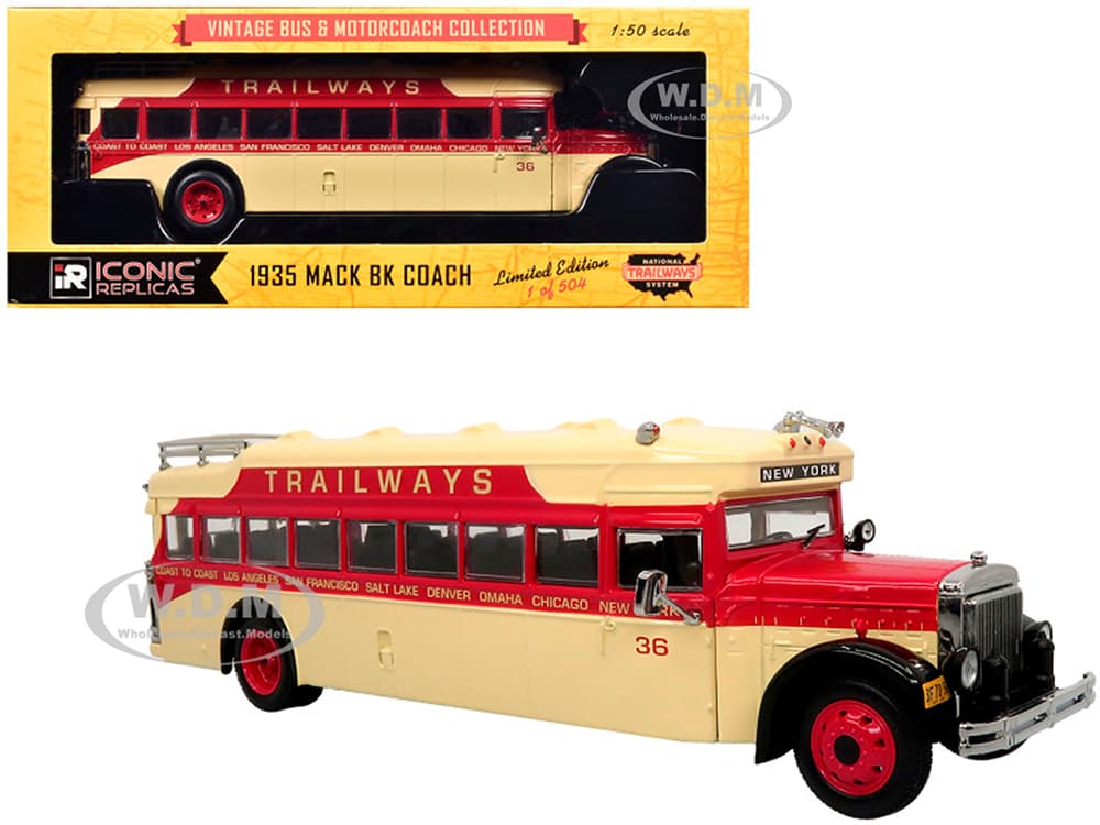 1935 Mack BK Coach Bus "Trailways" Beige and Red "Vintage Bus &amp; Motorcoach Collection" Limited Edition to 504 pieces Worldwide 1/50 Diecast Model