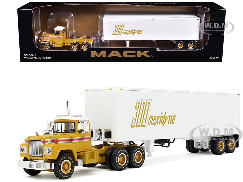 Mack R-Model Day Cab and 40 Vintage Trailer Yellow with Red Stripes and White Top "Mack Anniversary" 1/64 Diecast Model by DCP/First Gear