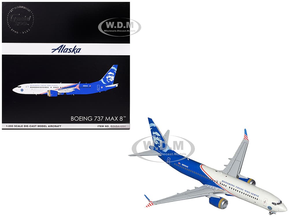 Boeing 737 MAX 8 Commercial Aircraft "Alaska Airlines - Honoring Those Who Serve" (N806AK) White and Blue "Gemini 200" Series 1/200 Diecast Model Air