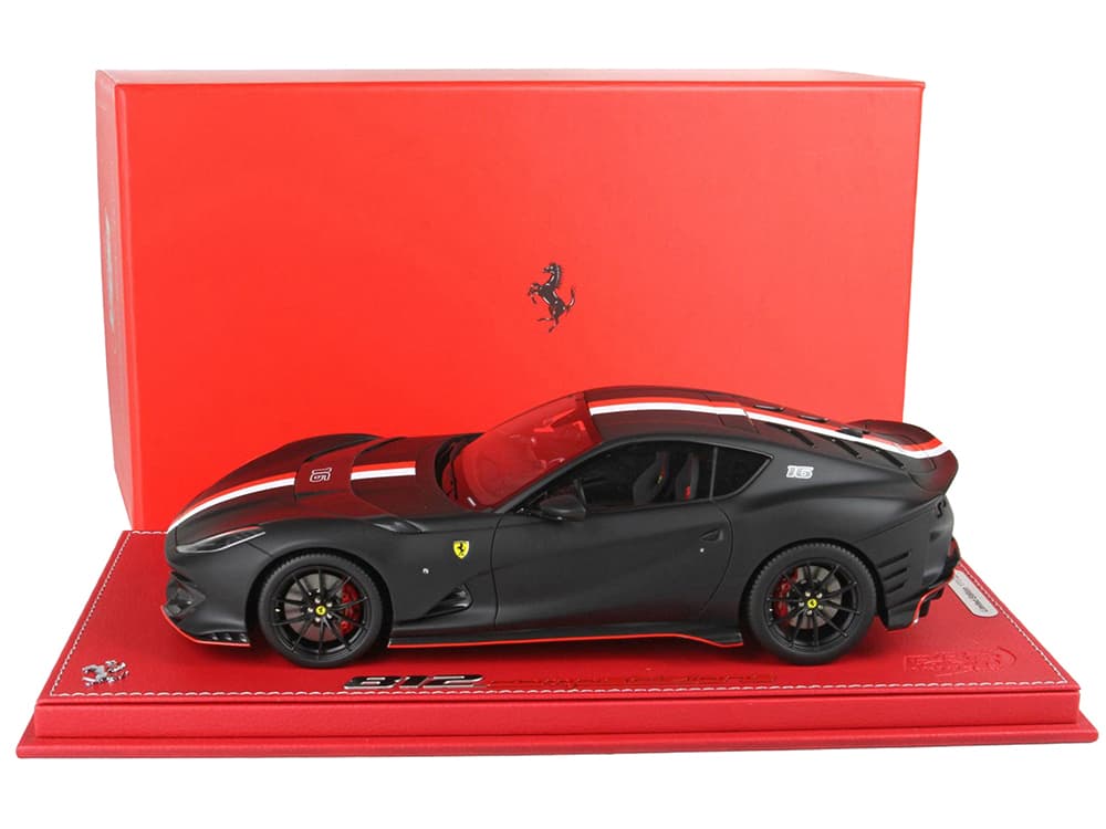 Ferrari 812 Competizione 16 Matt Black with Red and White Stripes with DISPLAY CASE Limited Edition to 226 pieces Worldwide 1/18 Model Car by BBR