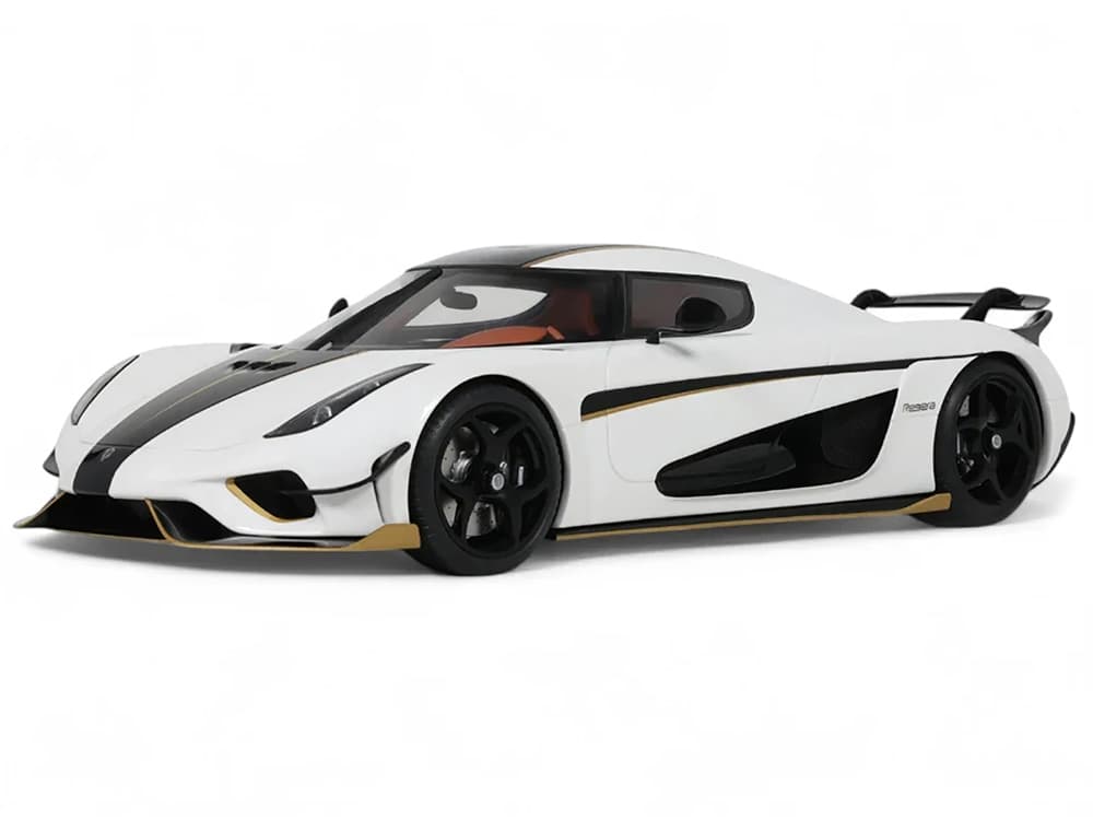2023 Koenigsegg Regera White with Black Stripes 1/18 Model Car by GT Spirit