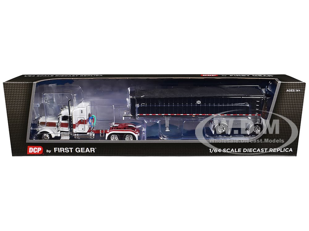 Peterbilt 389 with 48" Mid-Roof Sleeper and MAC Coal End Dump Trailer White with Red and Gold Stripes 1/64 Diecast Model by DCP/First Gear