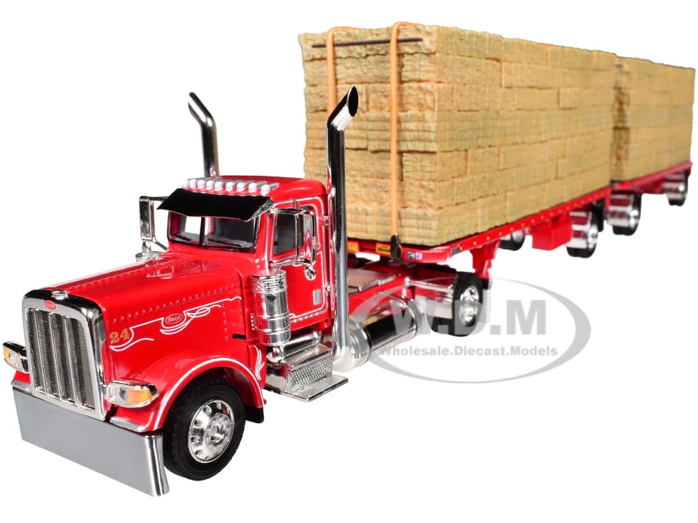 Peterbilt 389 Day Cab with Utility Dual 28.5 Flatbed Trailers with Hay Loads Viper Red with Graphics 1/64 Diecast Model by DCP/First Gear