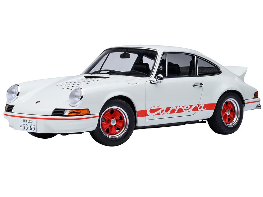 Porsche 911 Carrera 2.7 RS "The Circuit Wolf" White with Red Stripes and Wheels with Hood Graphics 1/18 Model Car by Autoart