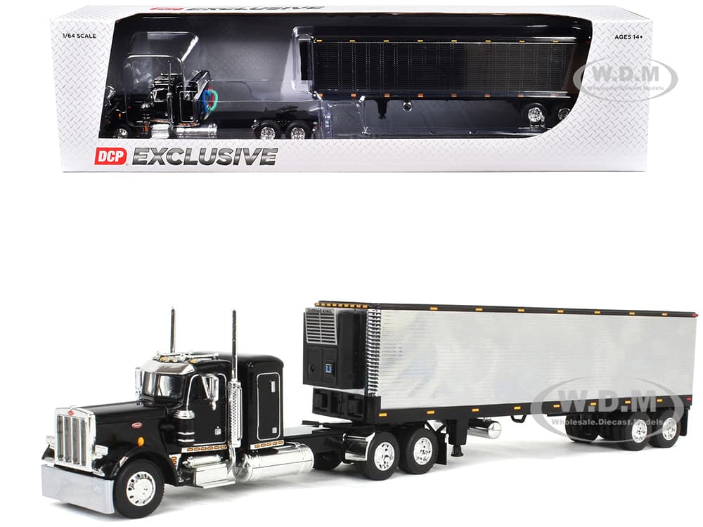 Peterbilt 359 with 36 Flat Top Sleeper and 40 Vintage Refrigerated Trailer Black with Chrome 1/64 Diecast Model by DCP/First Gear