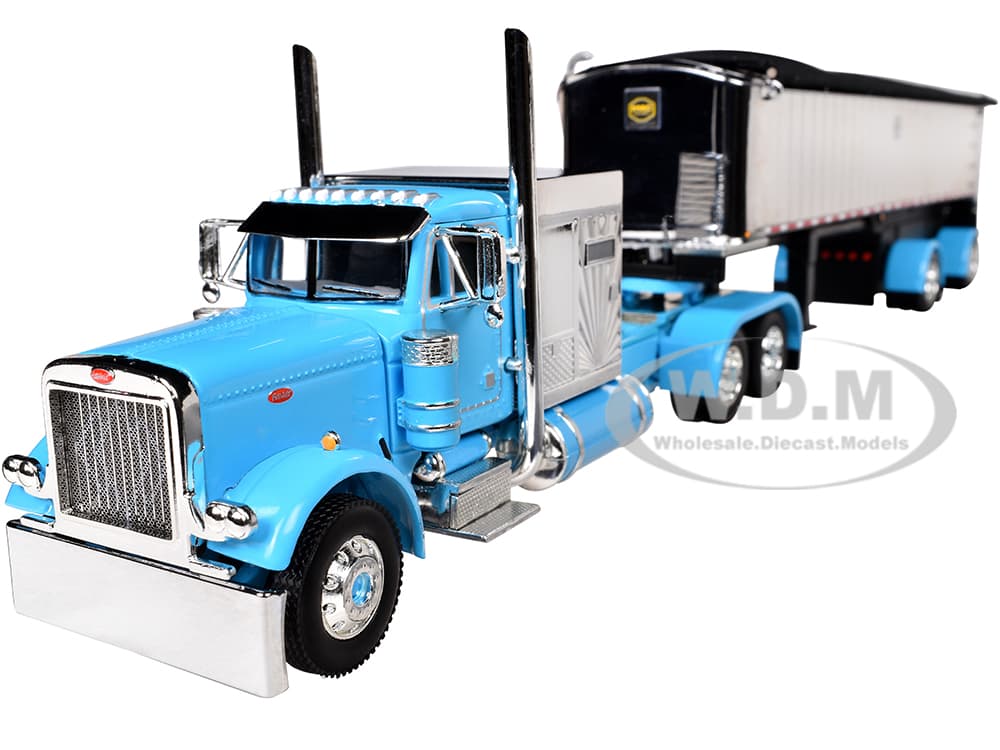 Peterbilt 379 with 60" Vintage Sleeper and MAC Coal End Dump Trailer Cyan Blue and Chrome 1/64 Diecast Model by DCP/First Gear