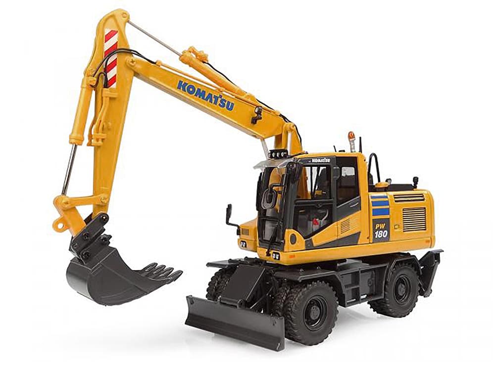 Komatsu PW180-11 Excavator Yellow with Standard Bucket and Hydraulic Breaker 1/50 Diecast Model by Universal Hobbies