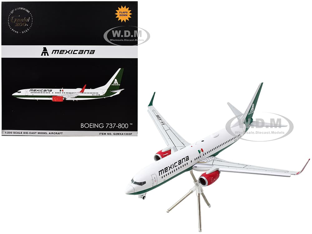 Boeing 737-800 Commercial Aircraft with Flaps Down "Mexicana" (XA-ASM) White with Green Stripes "Gemini 200" Series 1/200 Diecast Model Airplane by G